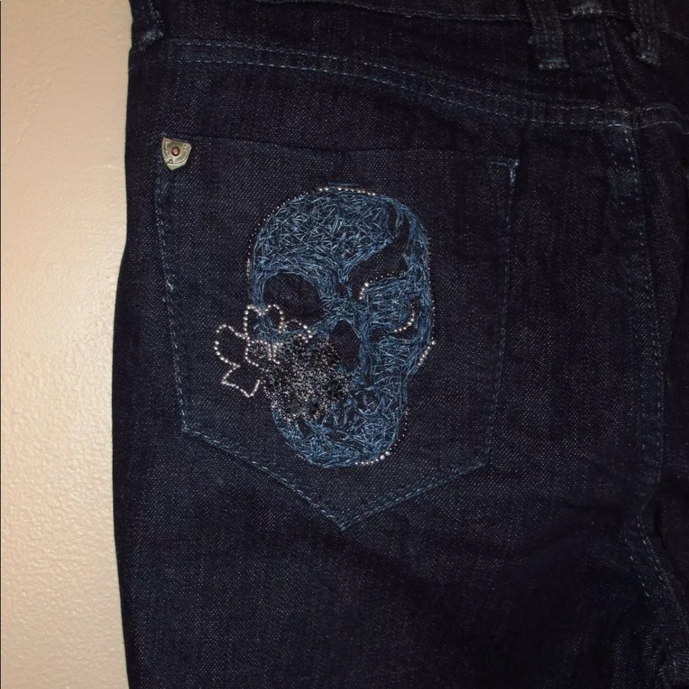 J & Company Skull Swarovski Crystal Straight Jeans Y2K Vintage Lot to Mid Rise